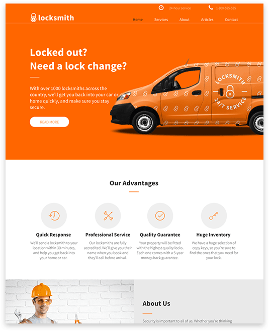Locksmith website with orange van, benefits listed, and a locksmith holding tools.