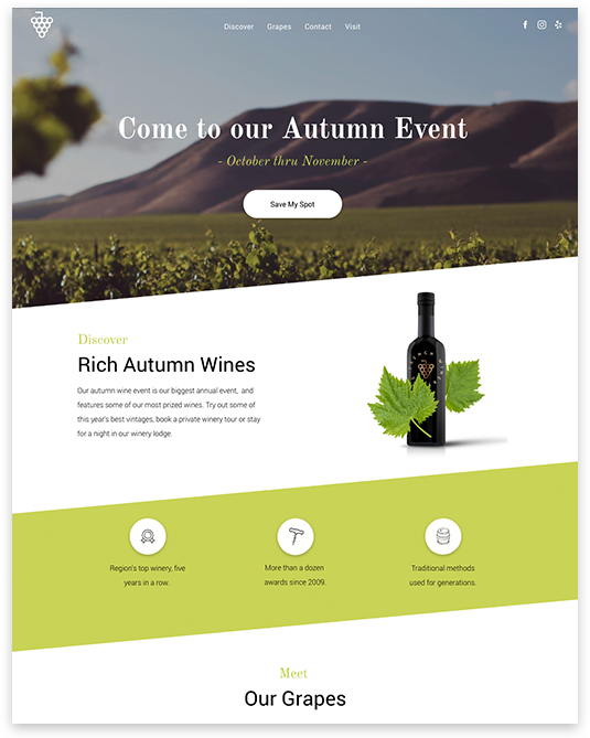 Website promoting an autumn event at a vineyard, featuring a bottle of wine and grapes.