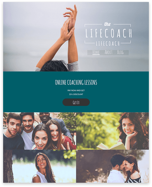 Website landing page: woman's arms raised, header 