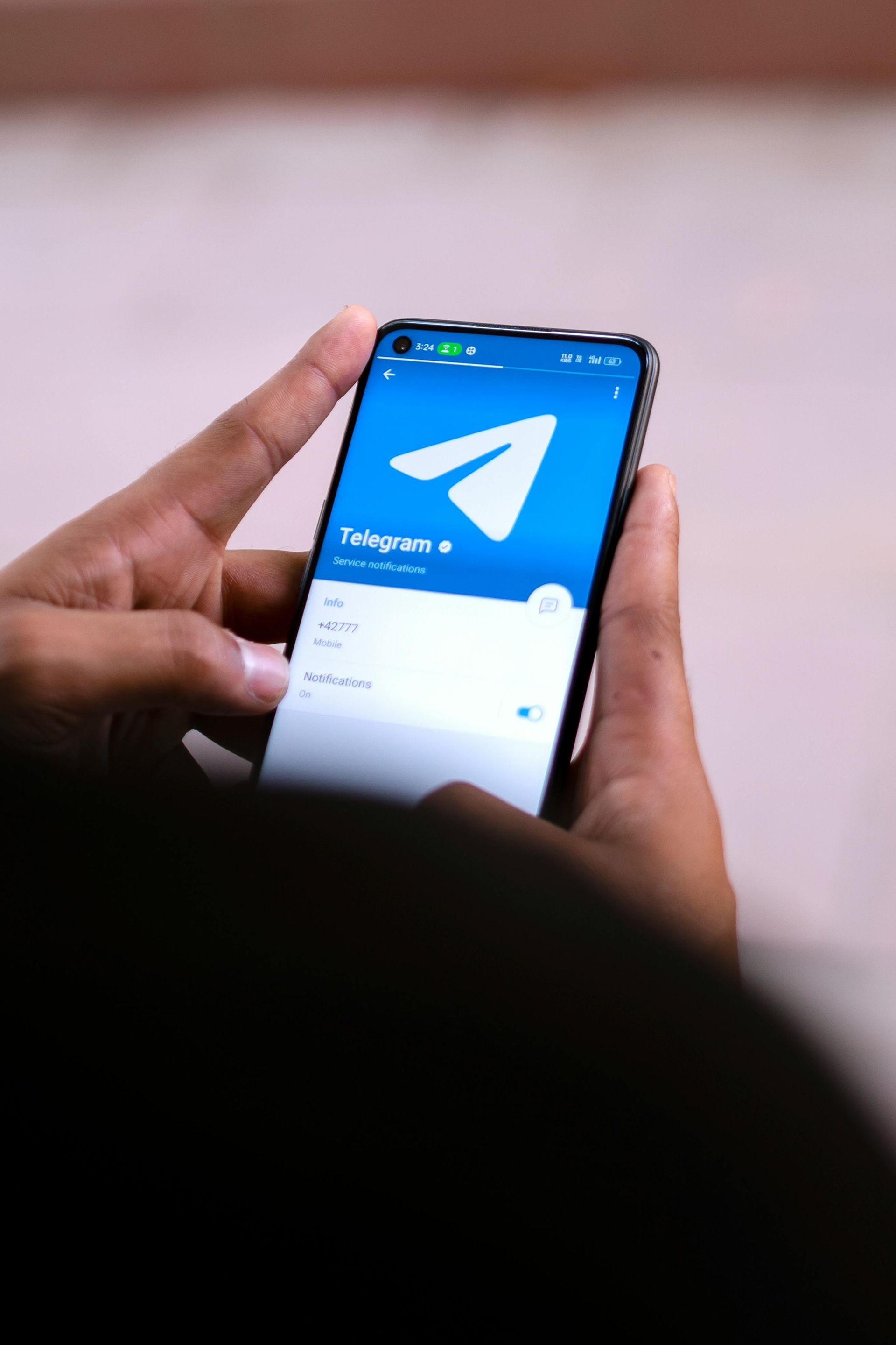 A person is holding a mobile phone with the Telegram app on it.