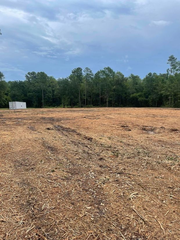 Cleared dirt lot bordered by trees under a cloudy blue sky