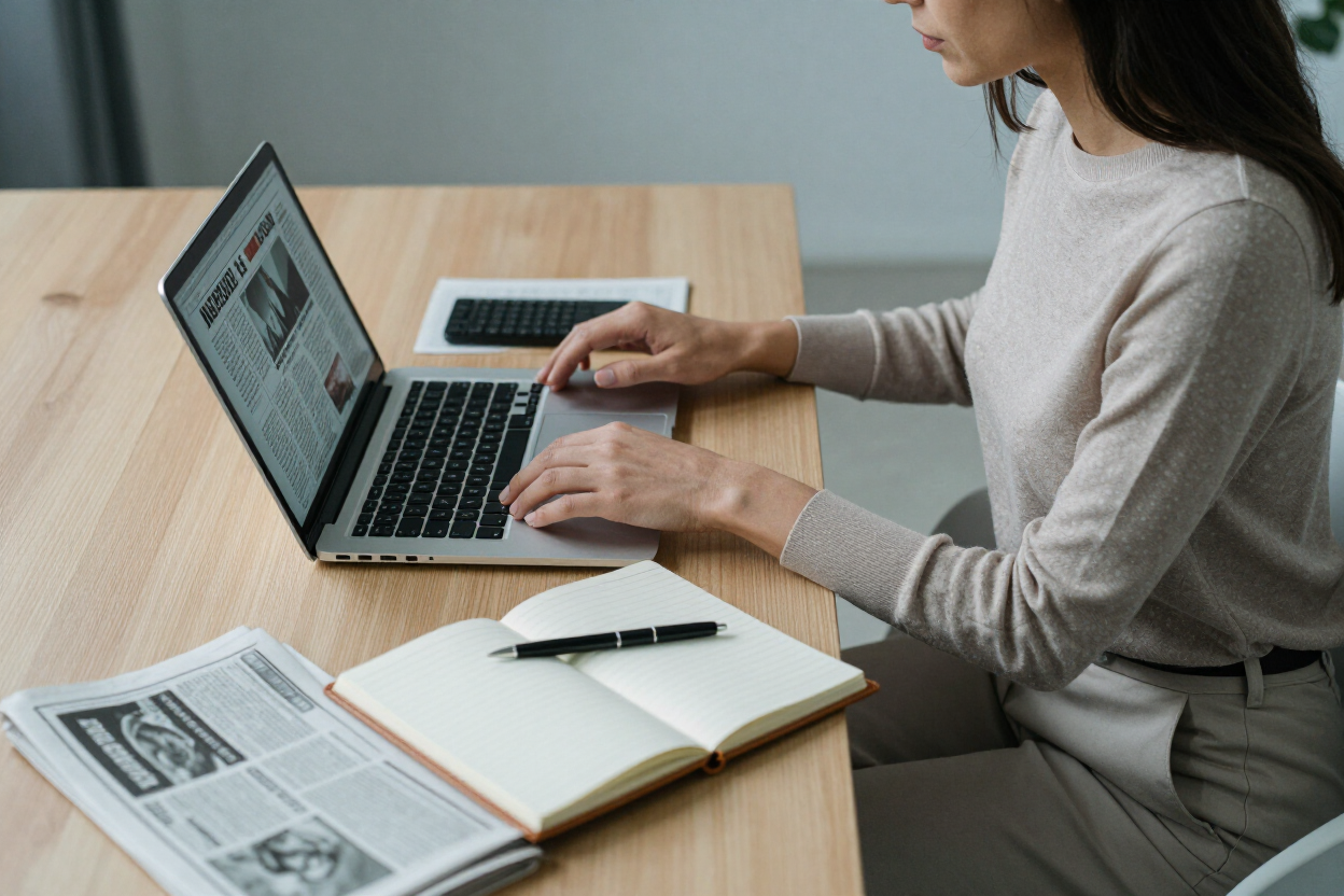 Editora revisando notícias em um notebook