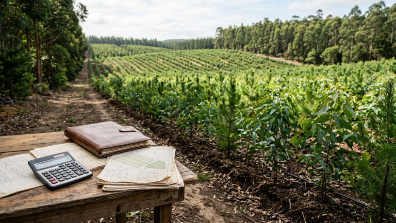Calculadora e papéis sobre uma mesa com vista para um campo de cultivo verde em uma fazenda.