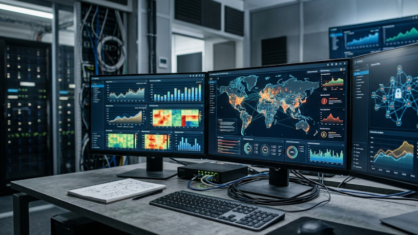 Sala de controle moderna com dois monitores exibindo painéis de dados e mapas mundiais, sobre uma mesa com teclado e dispositivos.