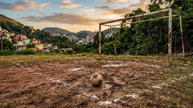 Um campo de futebol enlameado com uma bola e um gol gastos, tendo como pano de fundo colinas e casas ao pôr do sol.