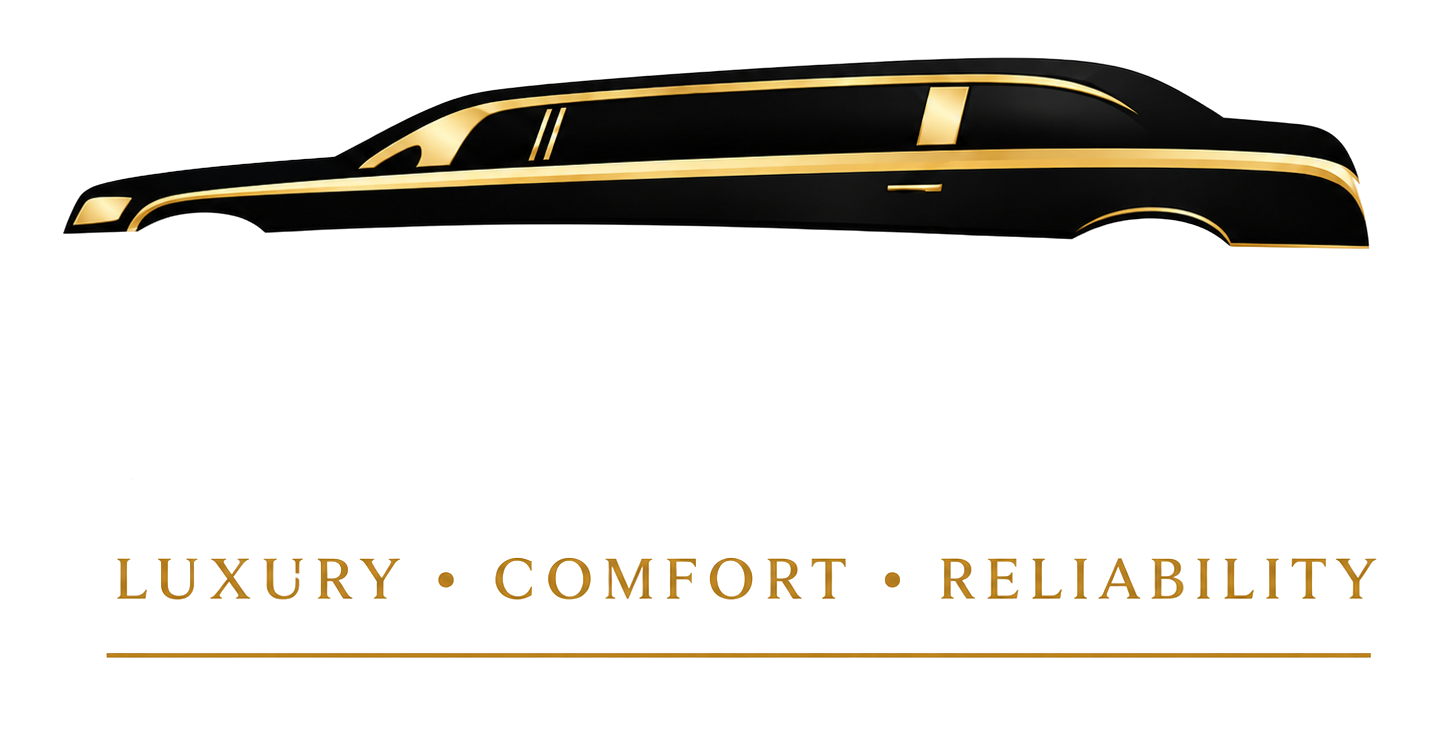 Black and gold luxury sedan silhouette with the words “Luxury • Comfort • Reliability” underneath