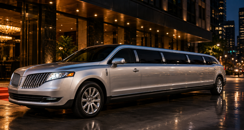 Silver stretch limousine parked on a wet city street at night with lit skyscrapers in the background