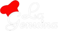 Logo stilizzato di “La Gemina” con un cappello da chef rosso e testo in corsivo grigio chiaro.