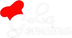 Logo stilizzato di “La Gemina” con un cappello da chef rosso e testo in corsivo grigio chiaro.