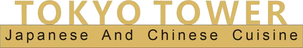 Tokyo Tower logo with gold text and “Japanese And Chinese Cuisine” on a beige background