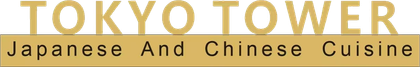 Tokyo Tower logo with gold text and “Japanese And Chinese Cuisine” on a beige background