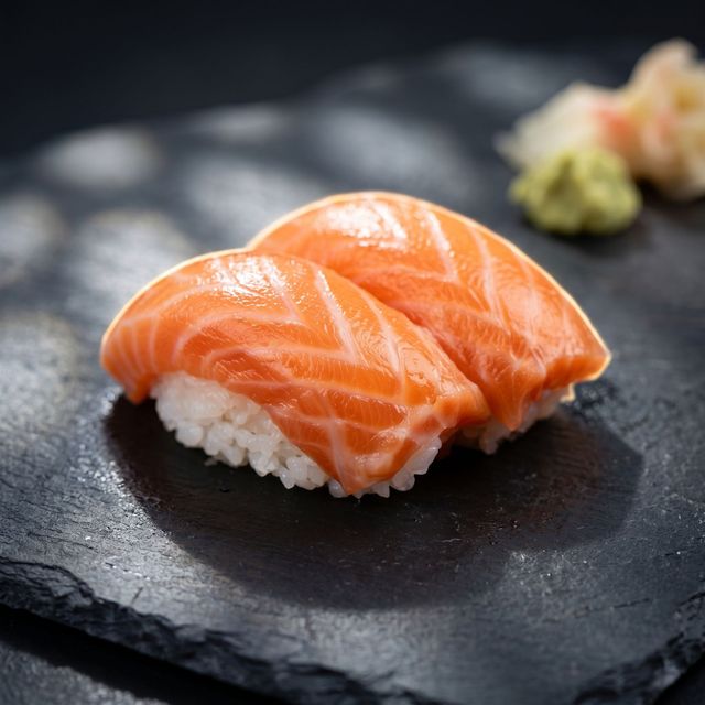 Two salmon nigiri sushi pieces on a dark stone plate, with wasabi in the background