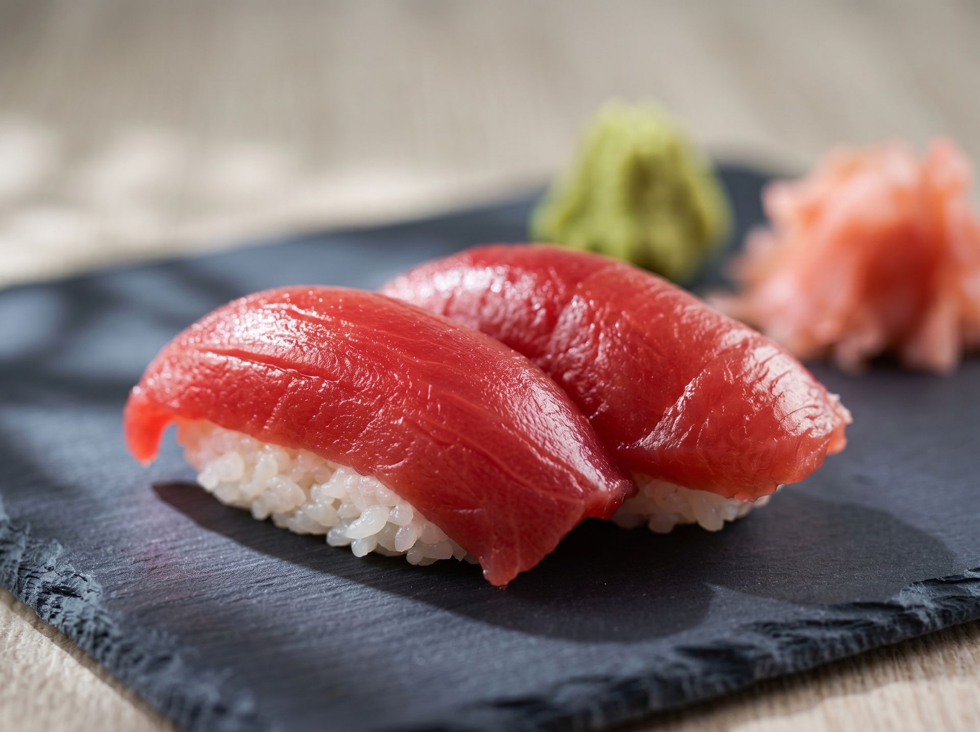 Two pieces of tuna nigiri sushi on a dark slate plate with wasabi and pickled ginger in the background