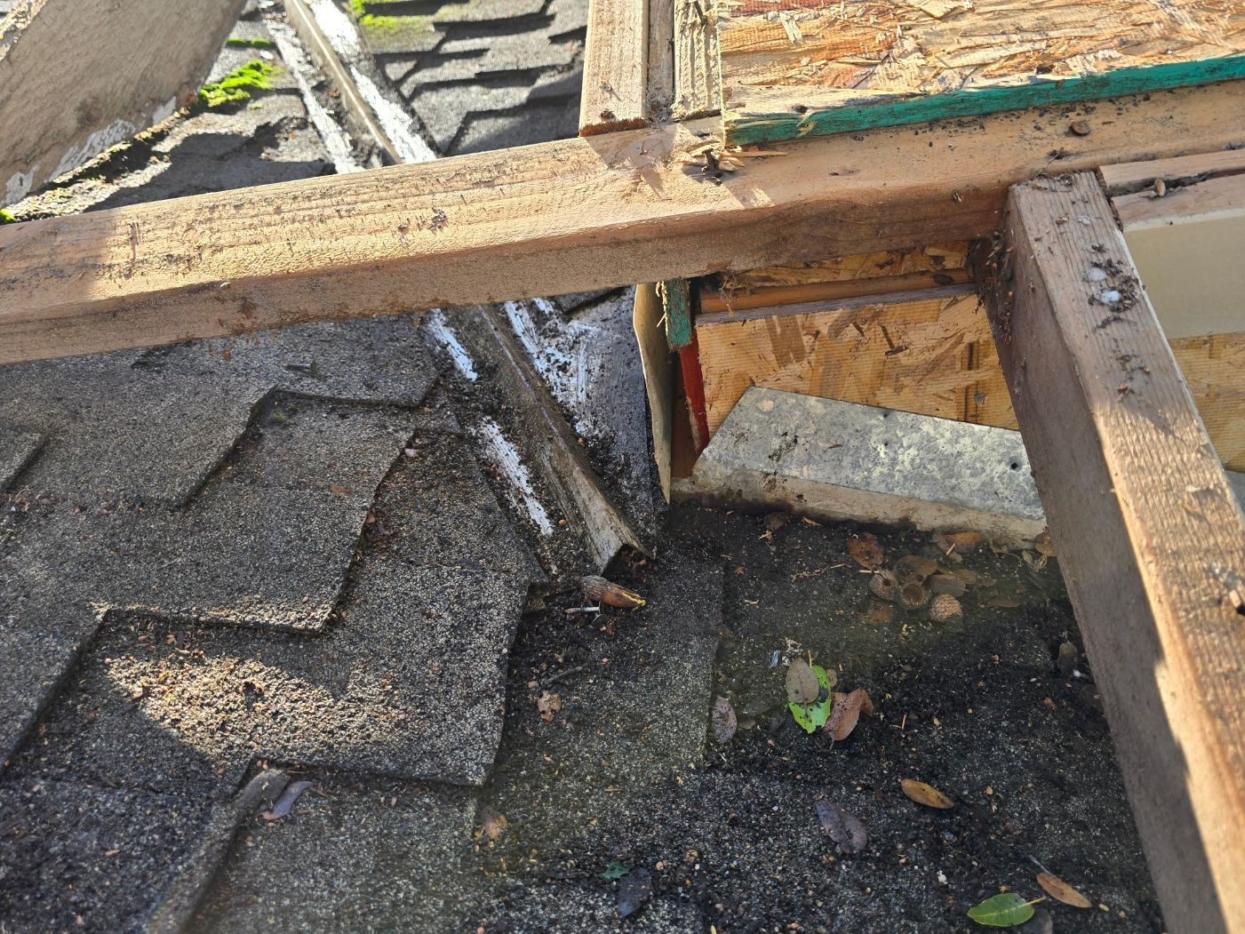 Damaged roof with exposed wooden beams and debris around a hole in the shingles