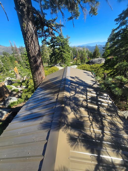 Metal roof ridge between trees with mountain view and blue sky
