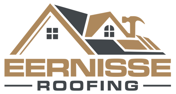 Eernisse Roofing logo with tan and gray house roof graphic and bold company name