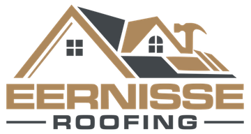Eernisse Roofing logo with tan and gray house roof graphic and bold company name