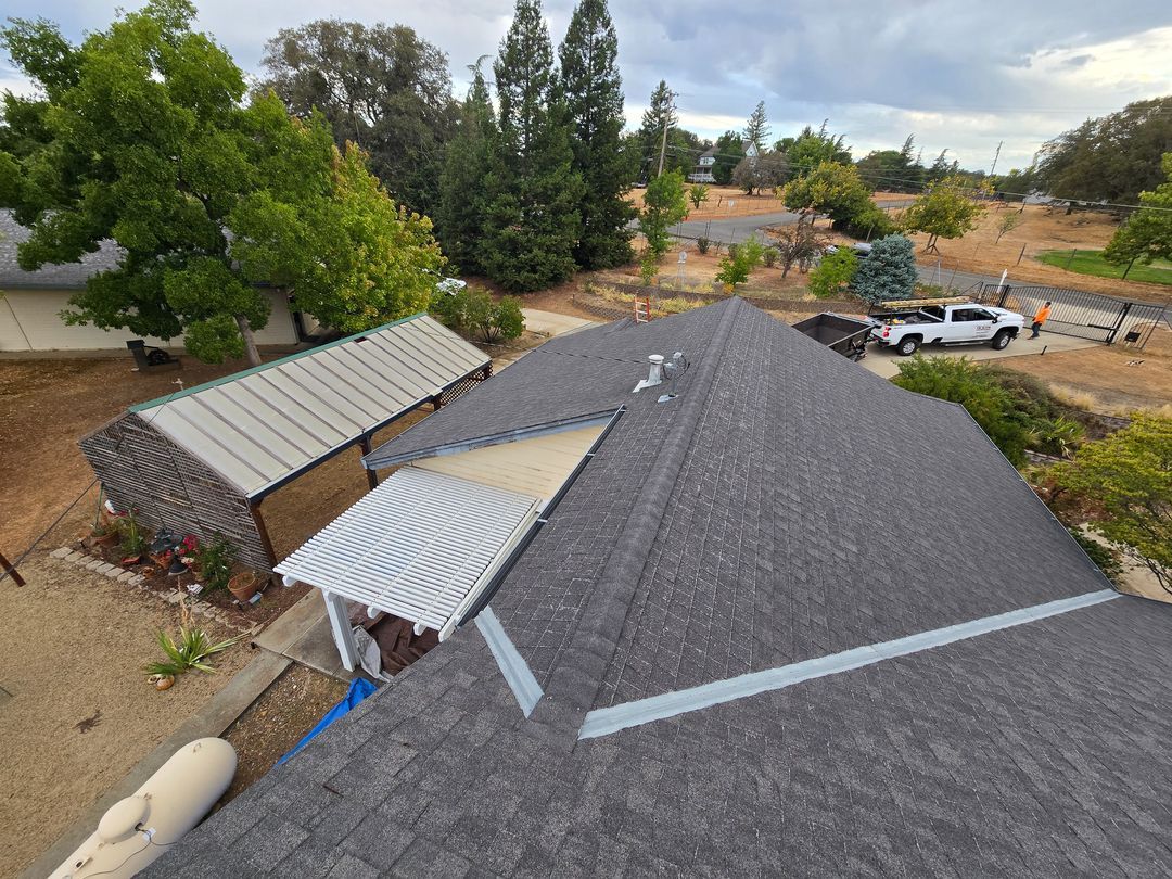 Roof view of a suburban yard with trees, parked cars, and a cloudy sky