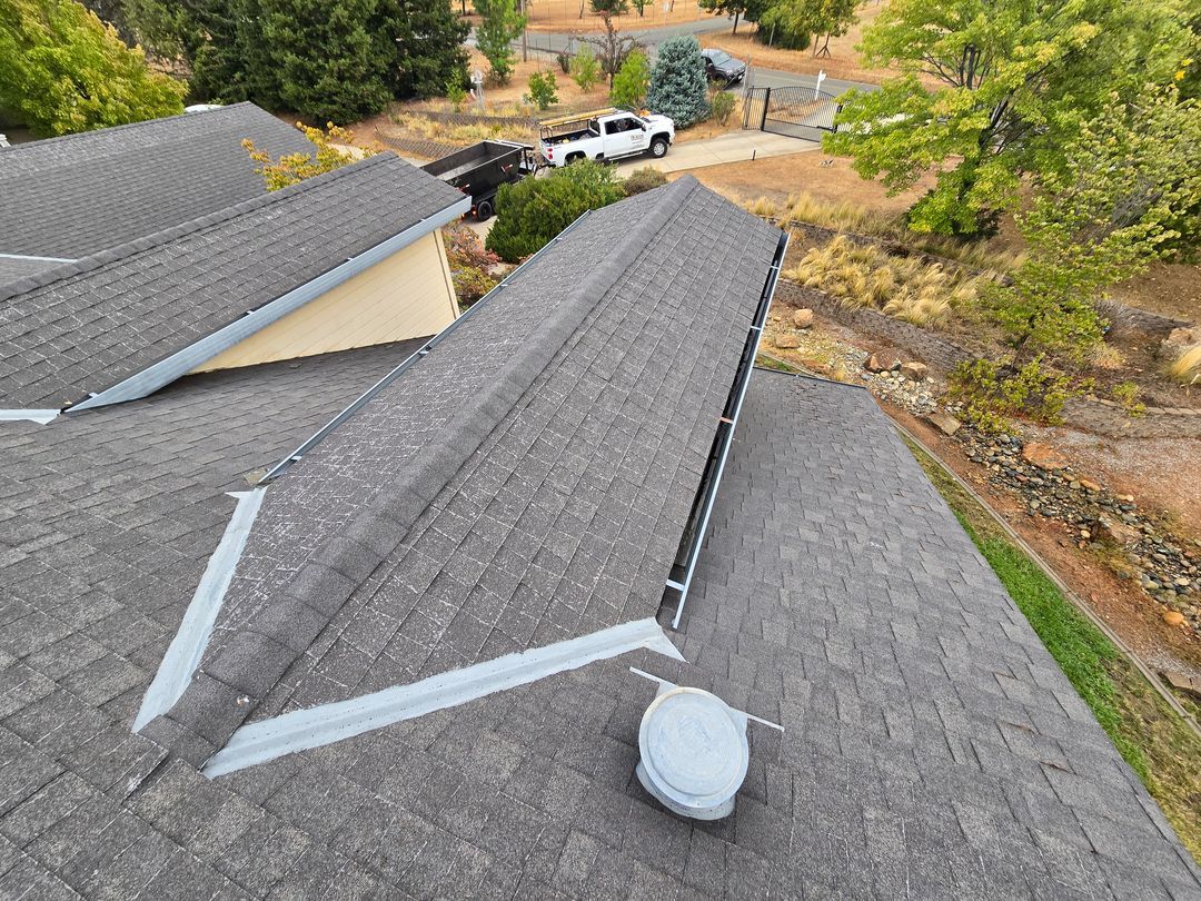 Rooftop with gray shingles and skylights overlooking a wooded hillside and driveway.