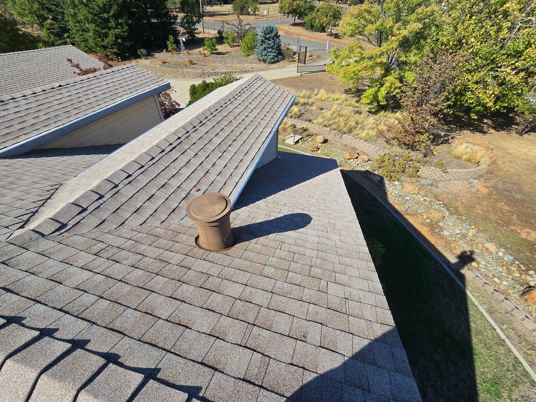 Rooftop with gray shingles and a vent pipe overlooking a rocky, tree-lined yard