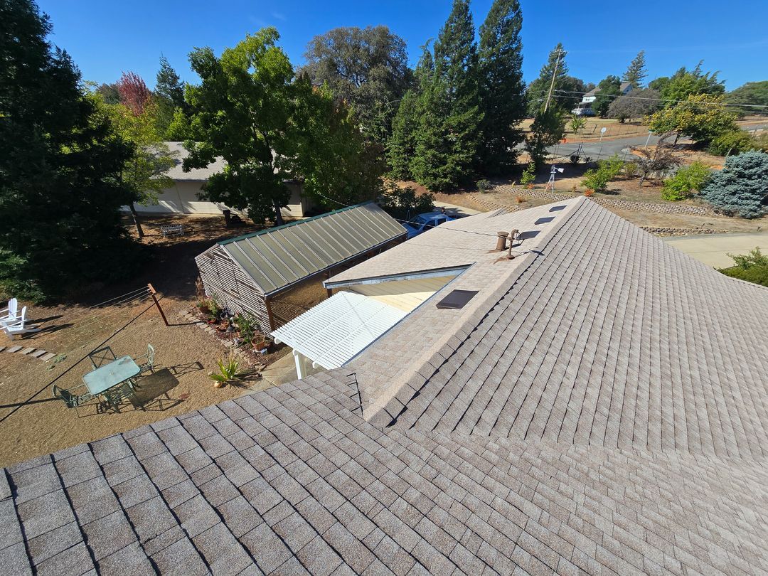 Rooftop with gray shingles beside a yard, trees, and a house under a clear blue sky.