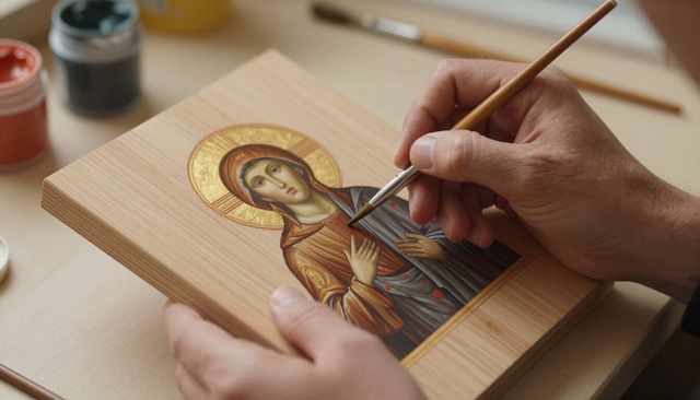 Manos pintando un icono religioso sobre panel de madera con pinceles finos.