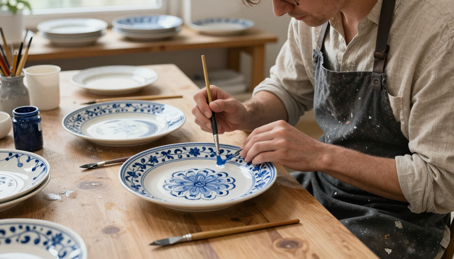 Artista pintando diseños detallados sobre platos de cerámica en su taller.