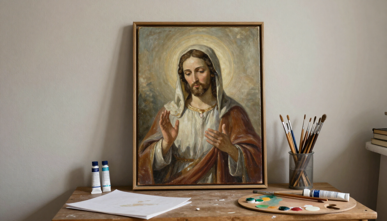 Cuadro religioso terminado junto a materiales artísticos y una mesa de trabajo