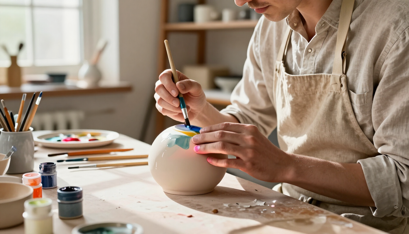 Artista realizando pintura sobre cerámica