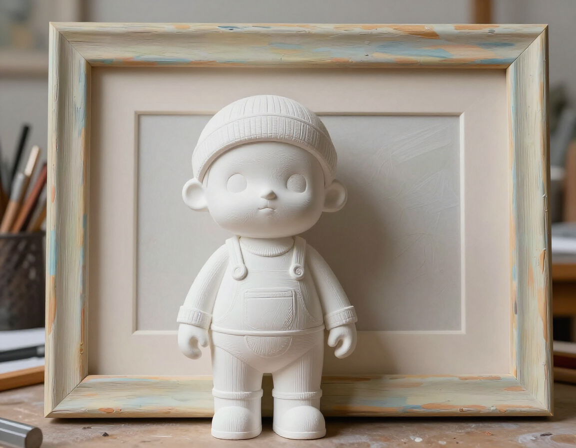 Detalle de figura impresa en 3D junto a un cuadro artístico