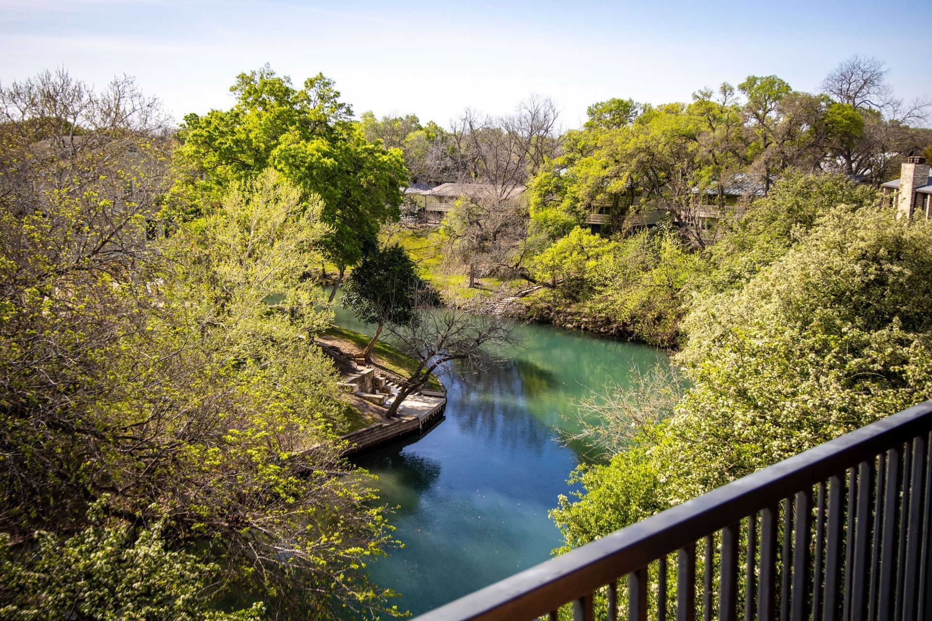 Wooded river overlook with clear river water and a black railing in the foreground