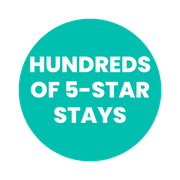 Teal circle with white text: “HUNDREDS OF 5-STAR STAYS”