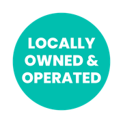Turquoise circle badge with white text reading “LOCALLY OWNED & OPERATED”