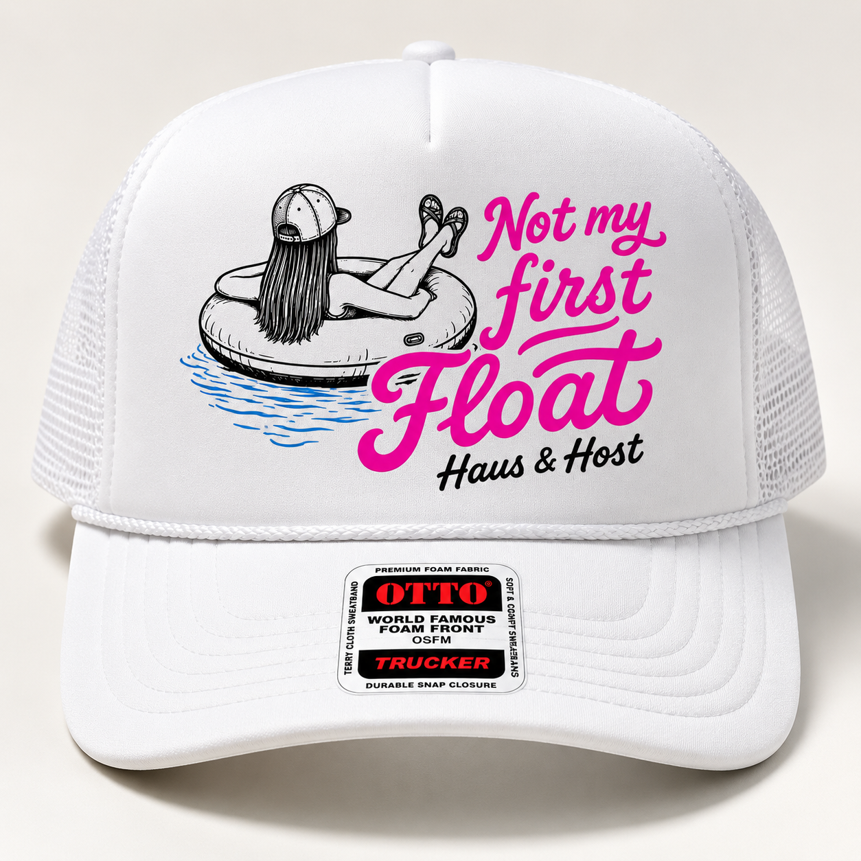 White trucker hat with pink and black 