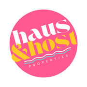 Pink circular logo with white and yellow text reading “haus & host properties”