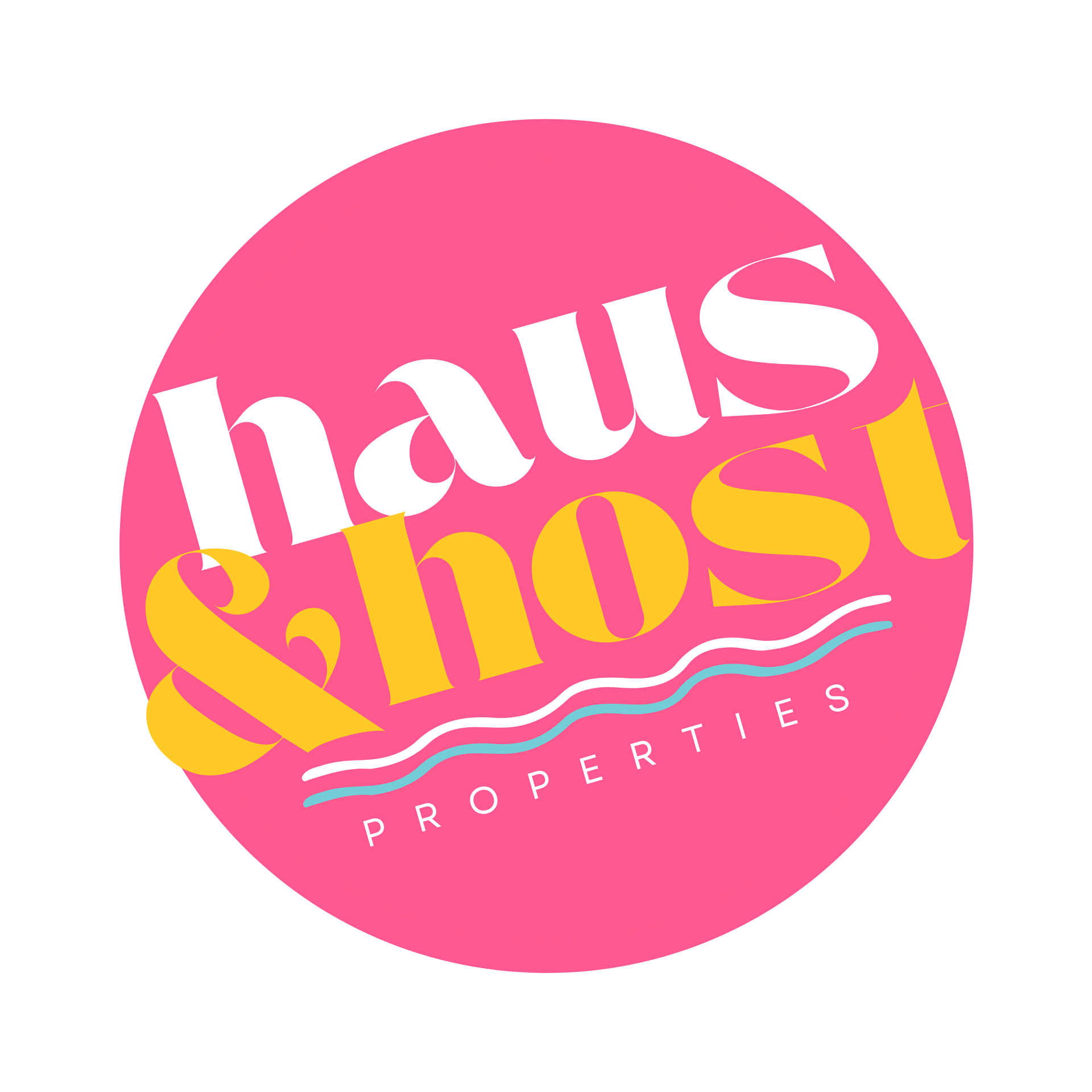 Pink circular logo with white and yellow text reading “haus & host properties”