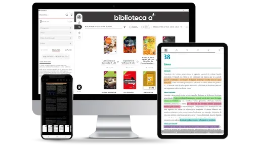 Um computador, um tablet e um celular estão lado a lado sobre a Biblioteca A.
