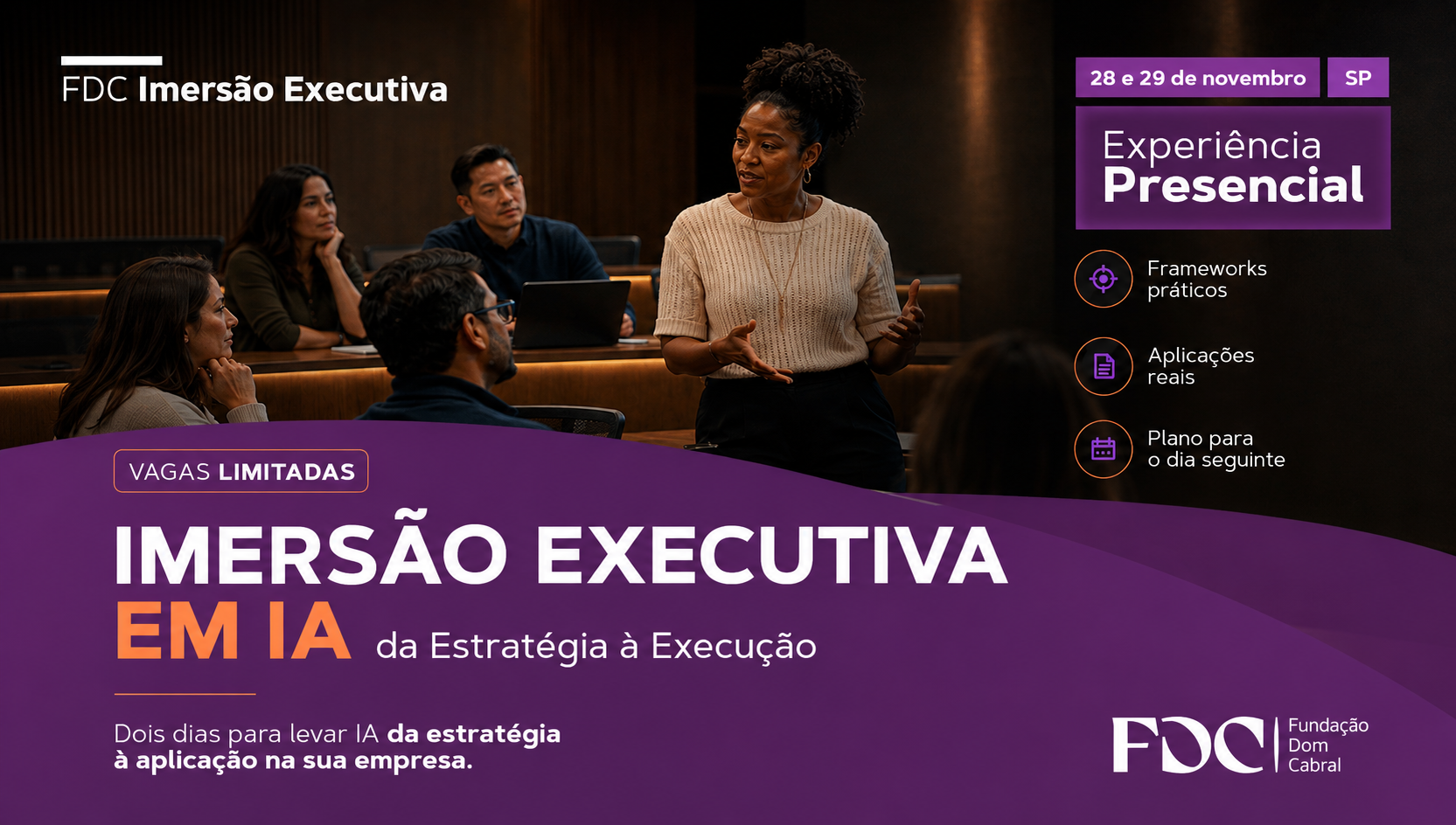 Banner roxo da FDC sobre “Imersão Executiva em IA”, com pessoas em reunião e chamada para evento presencial.