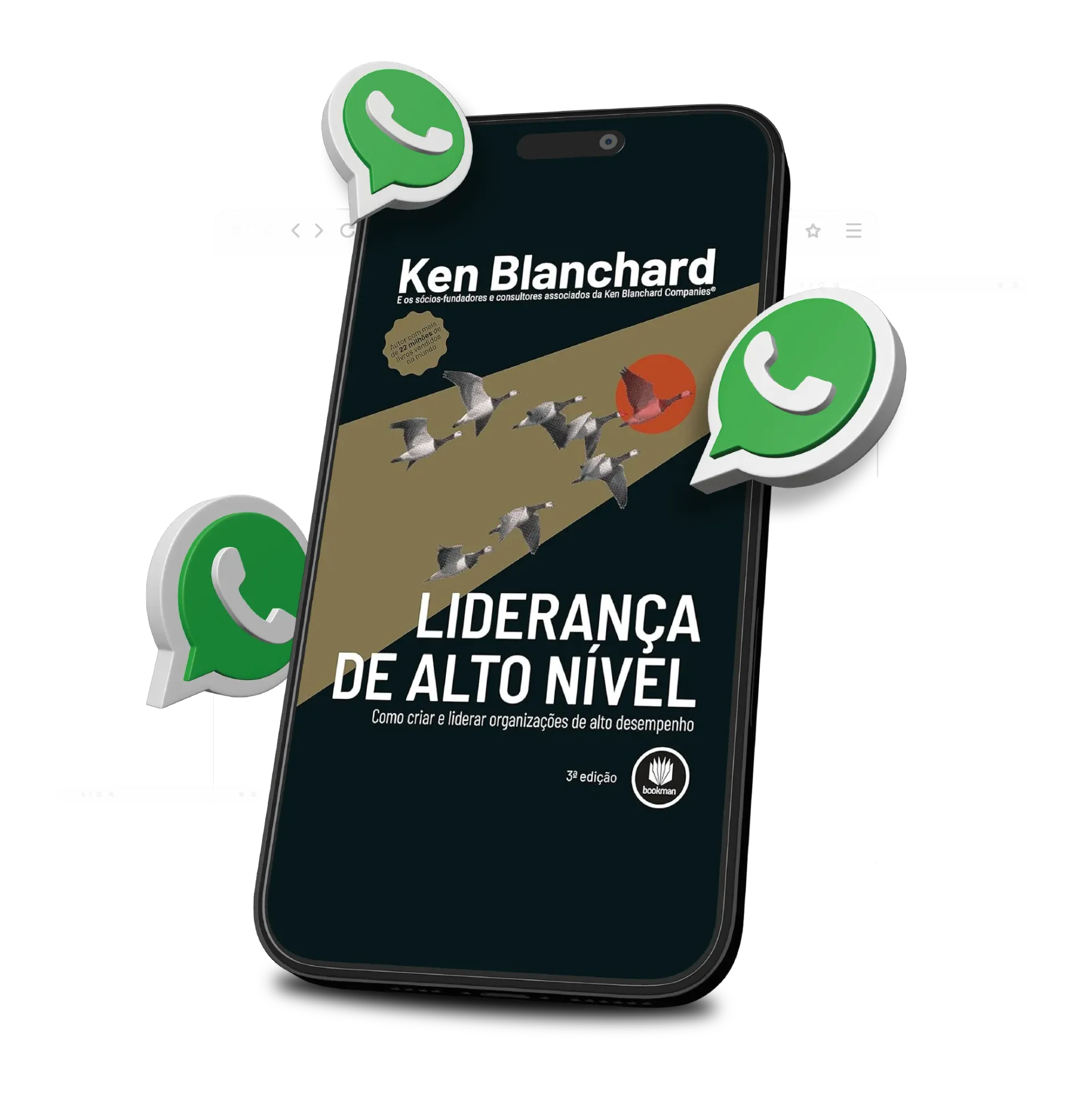 Um celular com o logotipo do WhatsApp na tela com um livro de Ken Blanchard nele.
