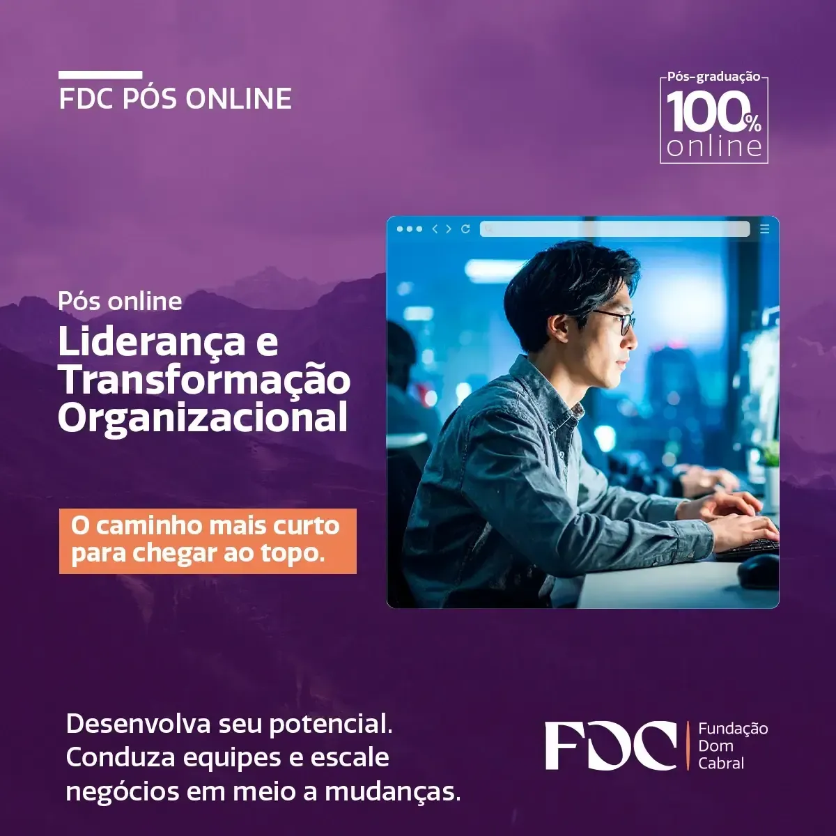 A promotional advertisement for FDC's online graduate program in Leadership and Organizational Transformation.