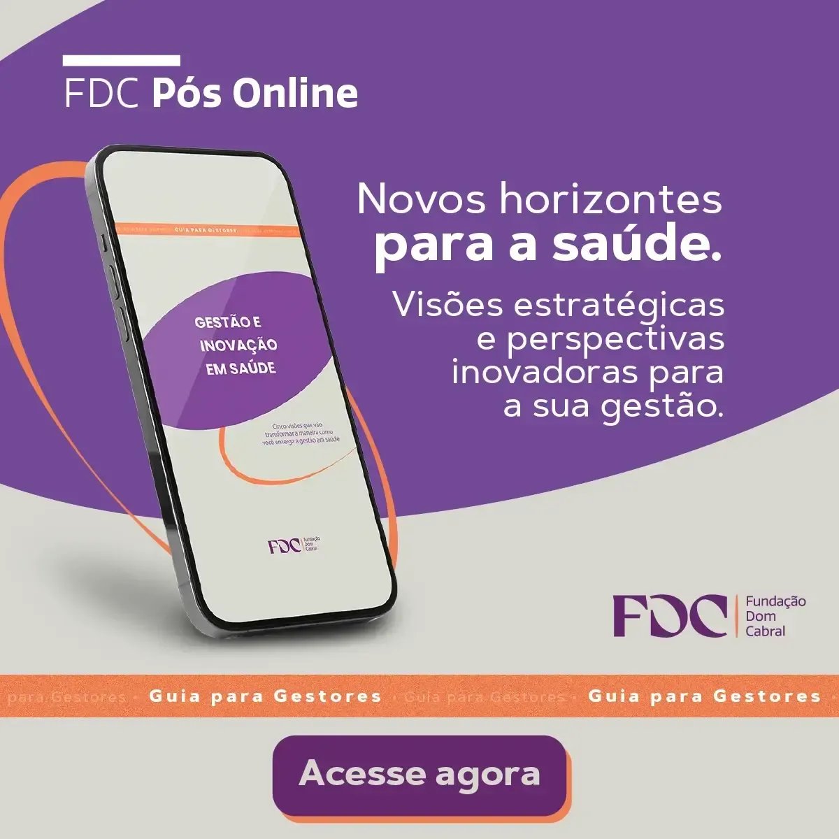 Advertisement for FDC Pós Online: smartphone displaying guide about health, purple and white background, 