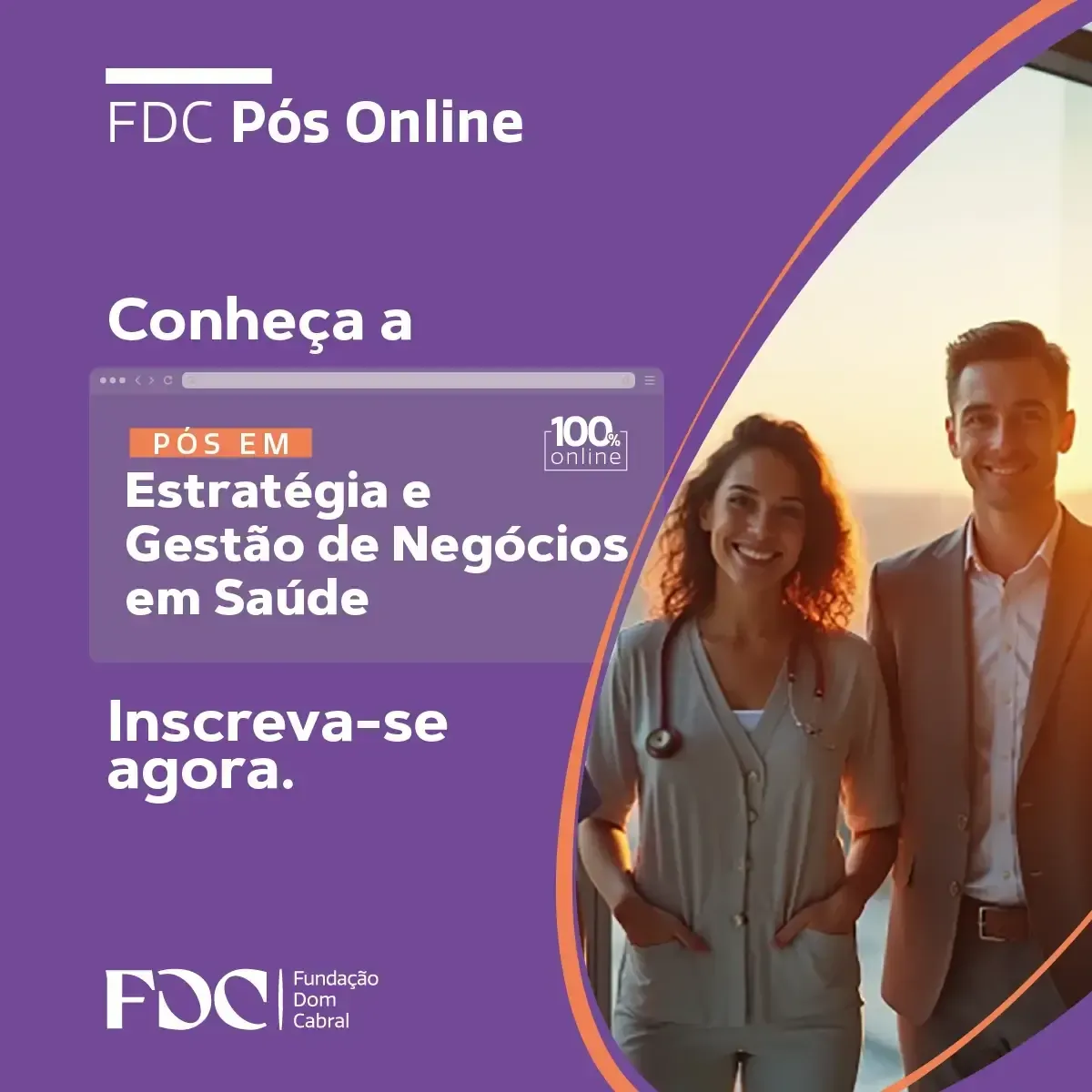 Advertisement for an online postgraduate program in healthcare business strategy. Features two smiling professionals against a sunset.