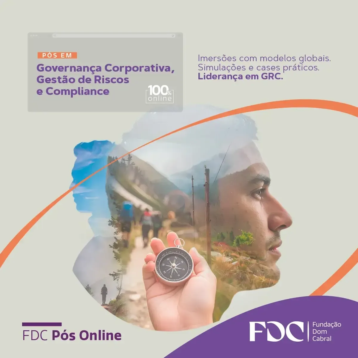 Man holding compass, overlaid with a mountain scene. Text: Corporate Governance, Risk Management & Compliance.