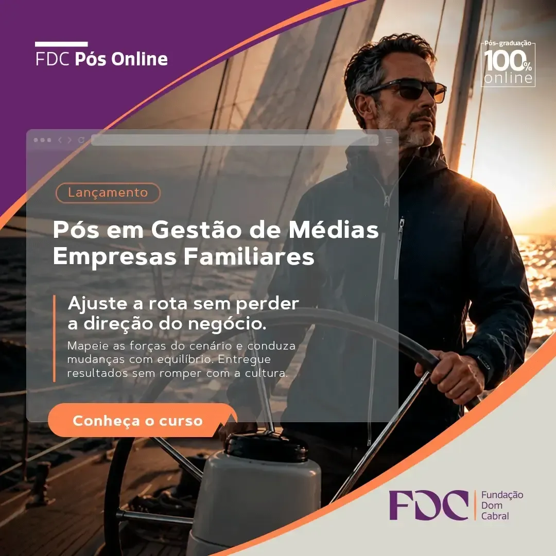 Pôster roxo e cinza da FDC Pos Online sobre curso de gestão de médias empresas familiares, com homem ao volante.