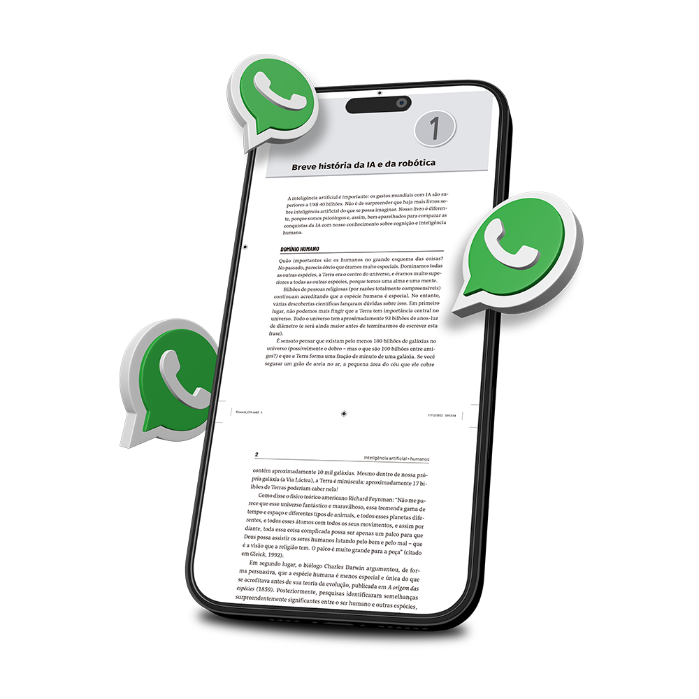 Um celular com o logotipo do WhatsApp na tela com um livro de Ken Blanchard nele.