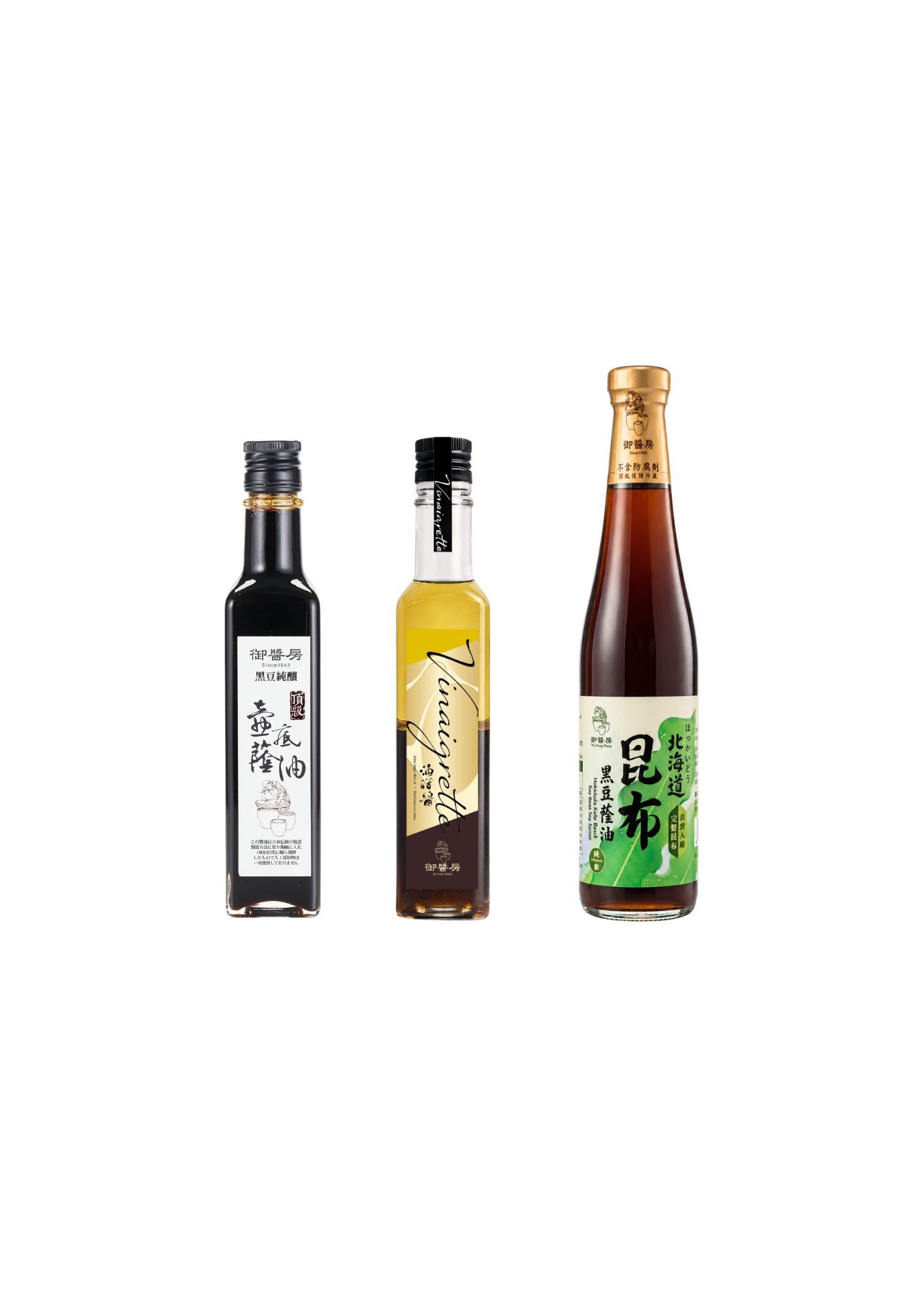 御醬房新品優惠組合-頂級黑豆壺底蔭油 + 北海道昆布黑豆蔭油+頂級油醋醬