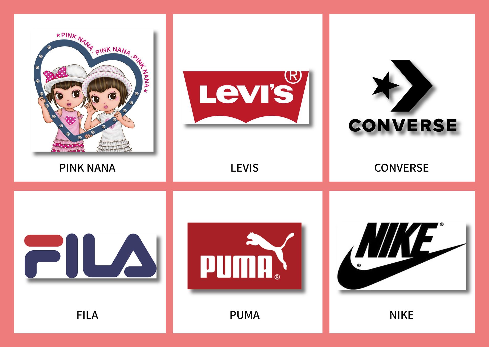 標誌：Pink Nana、Levi's、Converse、Fila、Puma 和 Nike。
