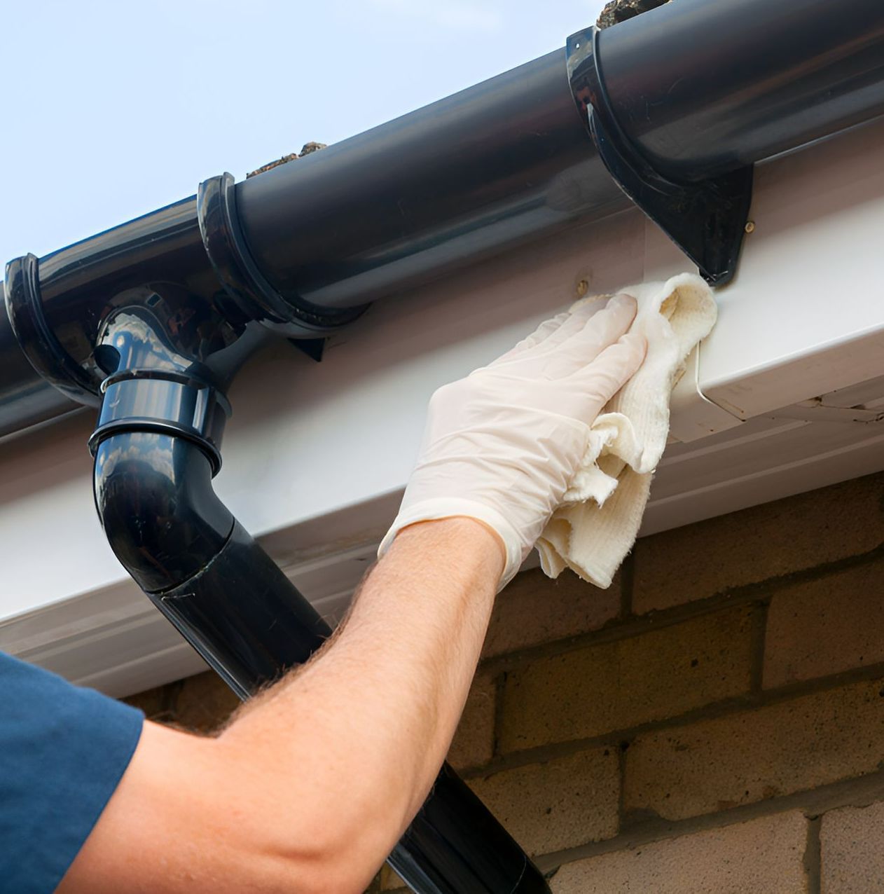 A Man Is Cleaning A Gutter With A Cloth — Roof & Guttering Solutions In Woy Woy, NSW