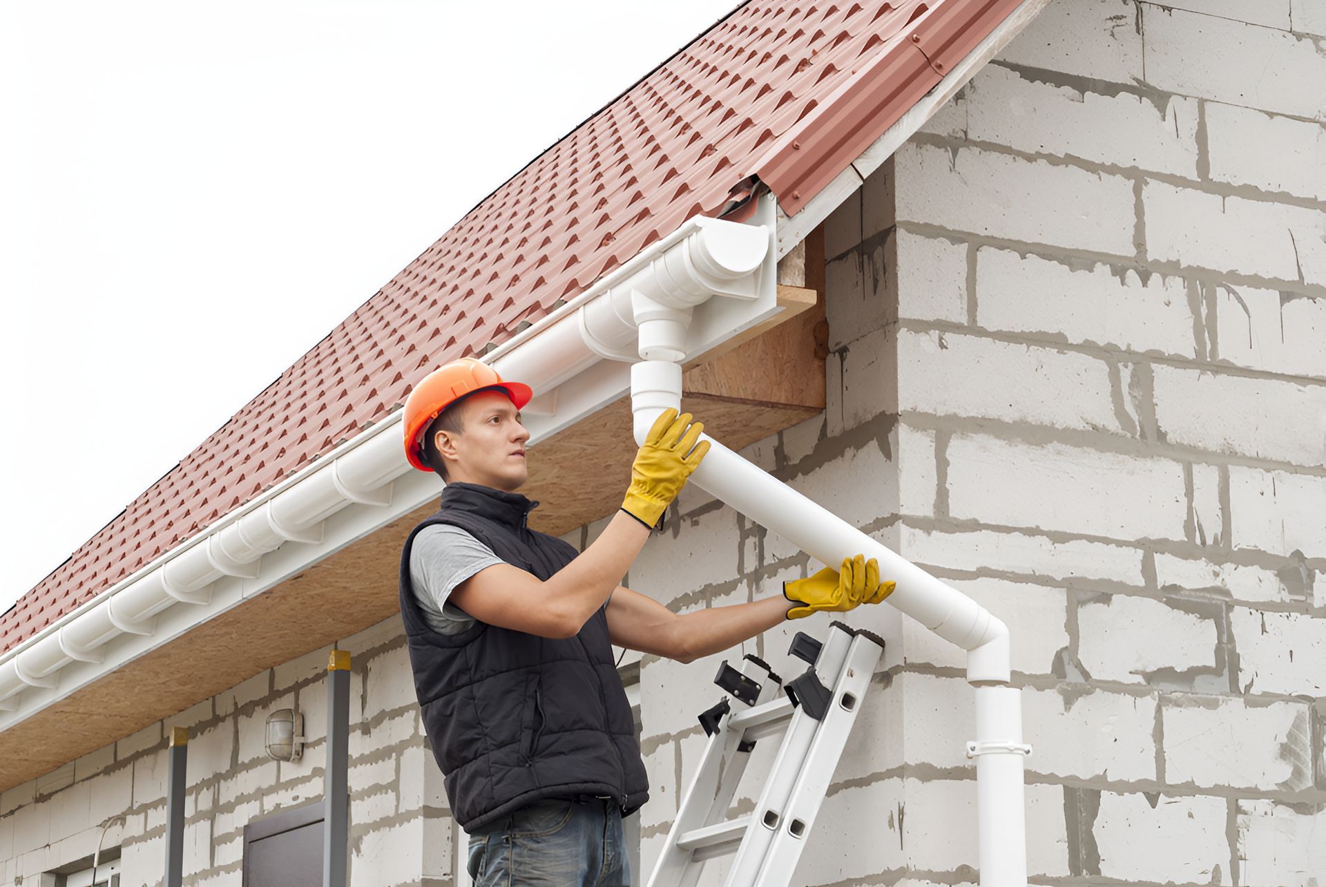 A Man Wearing Yellow Gloves Is Working On A Roof — Roof & Guttering Solutions In Saratoga, NSW