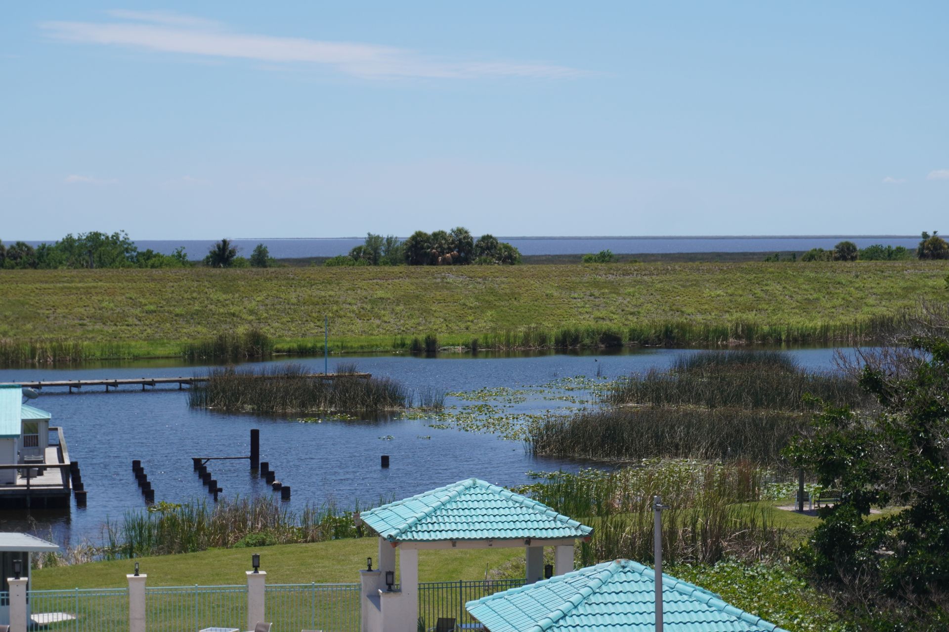 Wetland pond with tall grasses, wooden posts, and turquoise-roofed structures under a blue sky